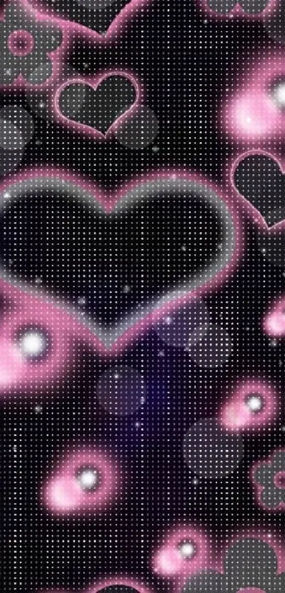 Mobile wallpaper with pink hearts and flowers on black.