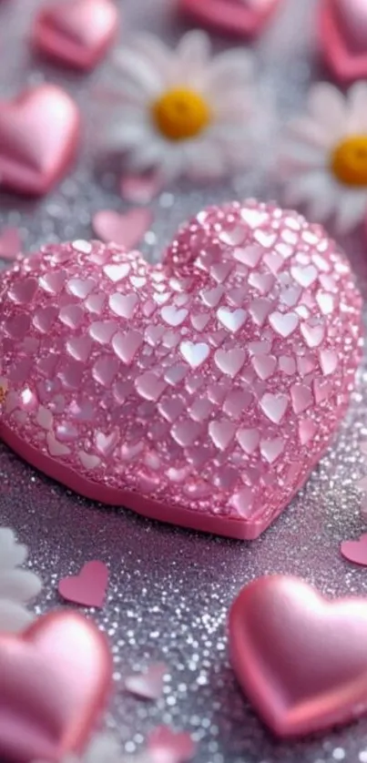 Pink heart on glittery surface with daisies.