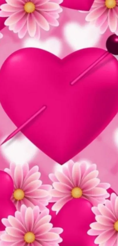 Bright pink heart and flowers mobile wallpaper.