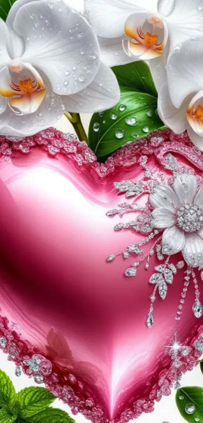 Glossy pink heart with white orchids and green leaves in a decorative arrangement.