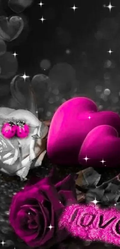 Pink hearts and roses on dark background, exuding love and romance.