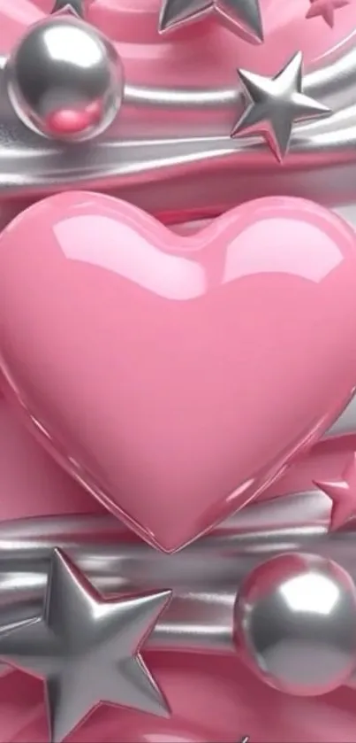 Glossy pink heart with metallic stars; mobile wallpaper design.