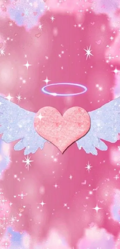 Pink heart with angel wings and sparkles in a dreamy wallpaper.