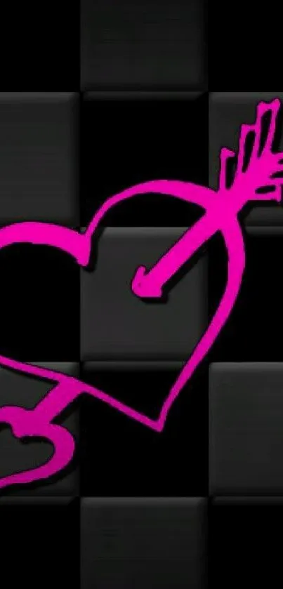 Pink heart with arrow on black checkerboard background.