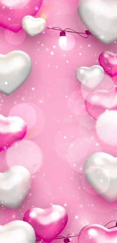 Pink heart balloons with lights and bubbles on a festive wallpaper.