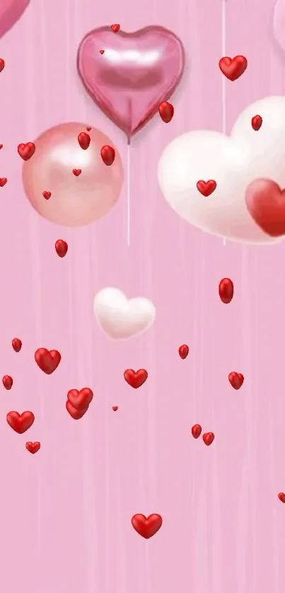 Pink wallpaper with floating heart-shaped balloons.