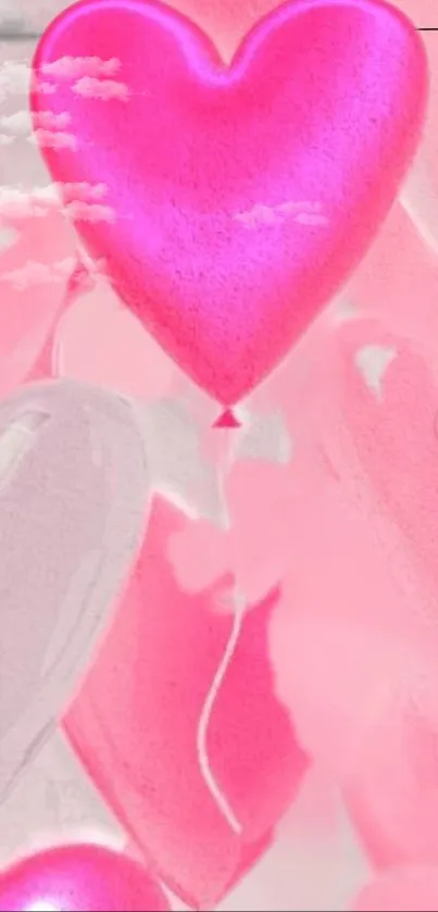 Pink heart balloon with dreamy clouds for mobile background.