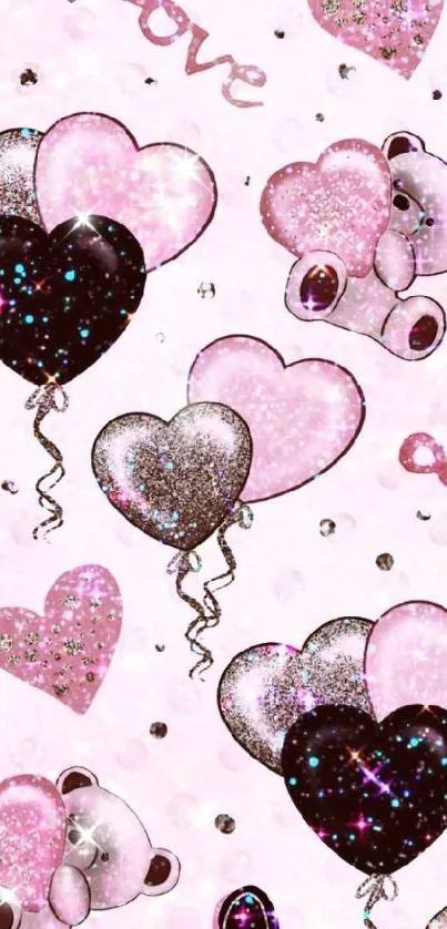 Cute pink heart balloons and teddy bears wallpaper.