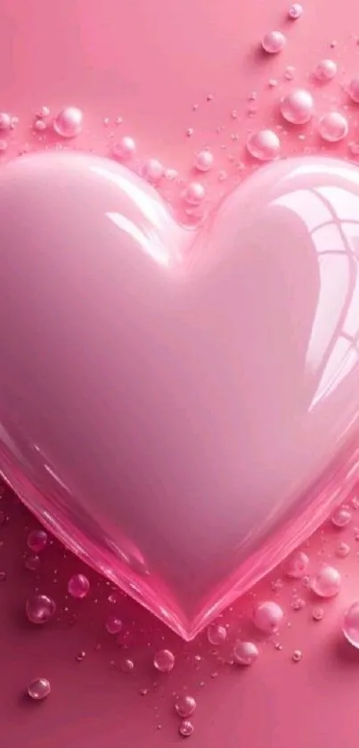 Glossy pink heart with bubbles on a vibrant background.