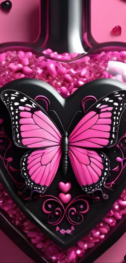 Pink heart shaped butterfly art design on a mobile wallpaper.