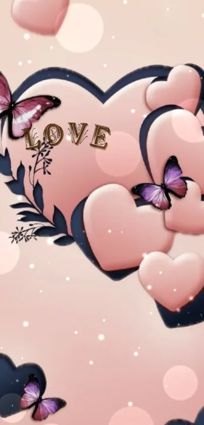 Pink wallpaper with hearts and butterflies.