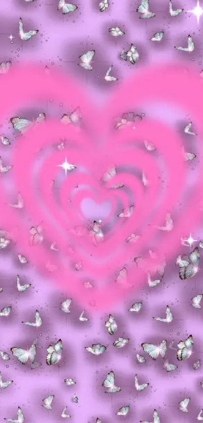 Pink heart with butterflies on lavender background wallpaper.