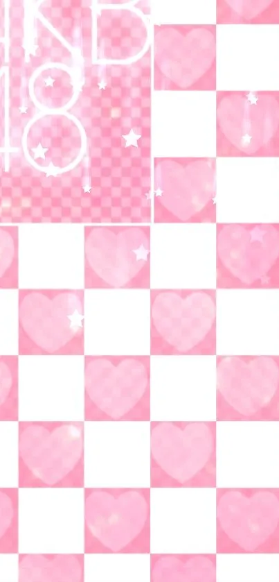 Checkerboard wallpaper with pink hearts and pattern.