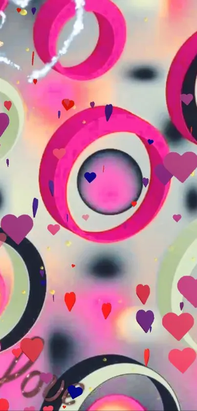 Pink circles and hearts mobile wallpaper.