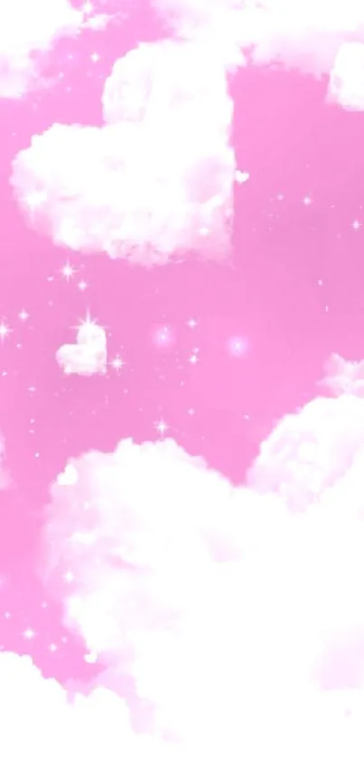 Pink heart-shaped clouds with stars on a dreamy wallpaper background.