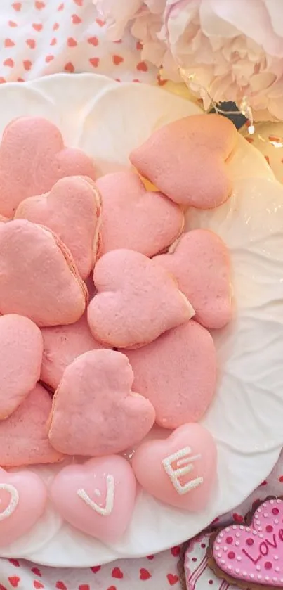 Pink heart cookies and love décor on a white plate create a romantic vibe.