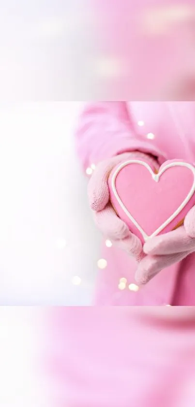 Pink heart-shaped cookie held in gloves against a white background.