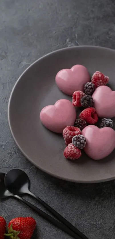 Pink heart-shaped dessert with berries on a dark gray plate.