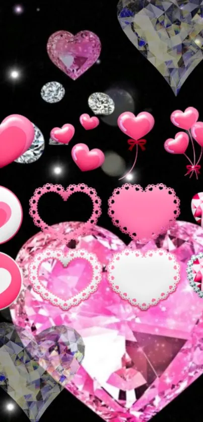 Pink heart and diamond mobile wallpaper with sparkling elements.