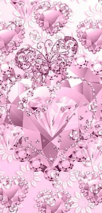 Pink diamond heart wallpaper with floral accents and sparkly details.