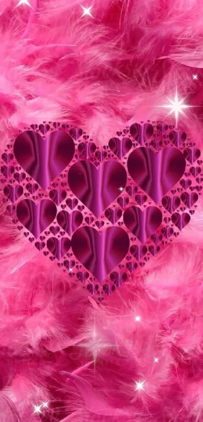 Mobile wallpaper with pink feather heart design.