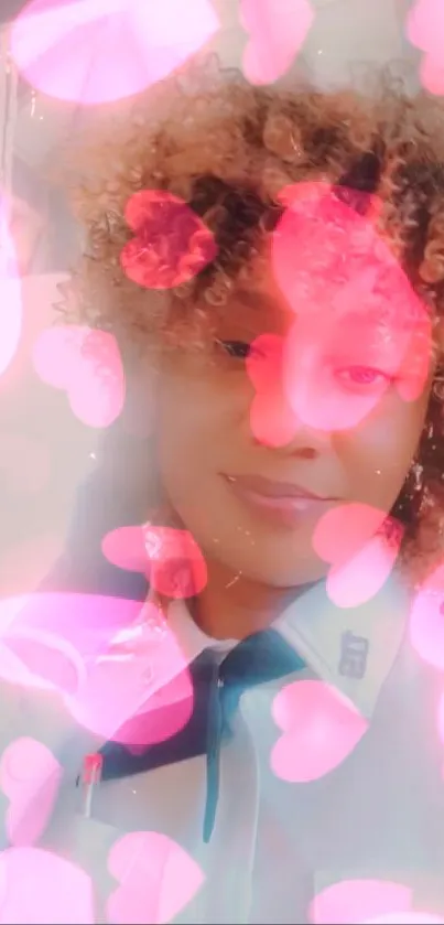 Curly-haired person with pink hearts filter overlay.