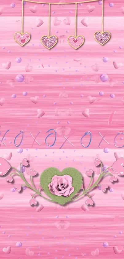 Pink heart and floral wallpaper with romantic design.