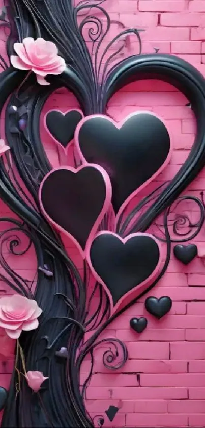 Romantic wallpaper with hearts and roses in pink and black.