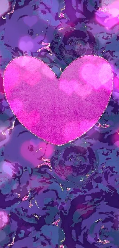 Pink heart with purple floral background.