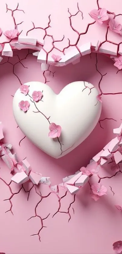 Pink heart wallpaper with floral design and cracked effect.