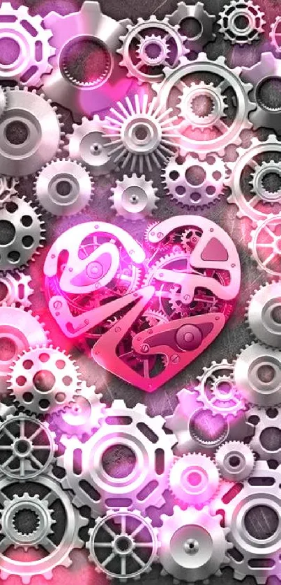 Pink heart surrounded by silver gears on a mobile wallpaper.