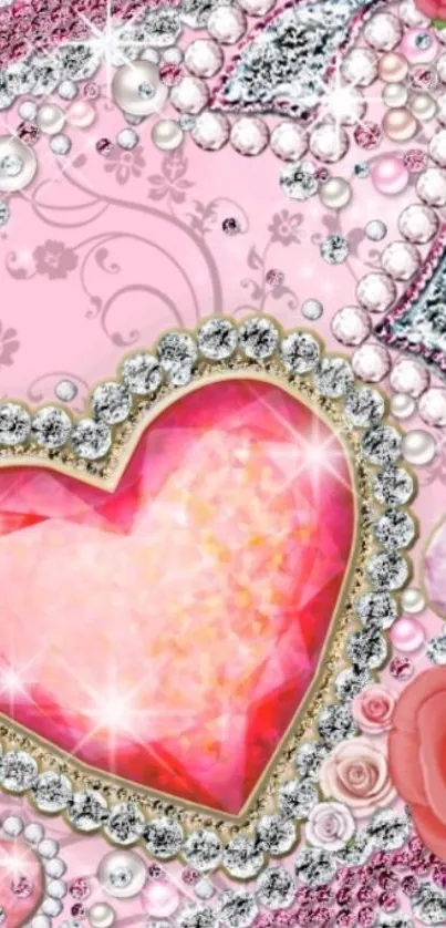 Pink wallpaper with heart and gemstones.