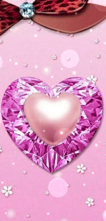 Pink heart gemstone wallpaper with floral accents and elegant design.