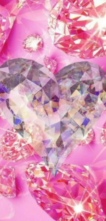 Pink heart-shaped gemstone with sparkling crystals on a vibrant background.