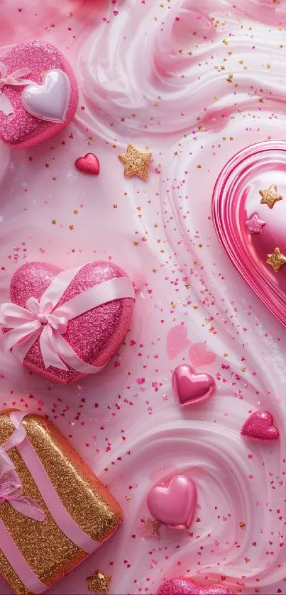 Pink heart and gift theme wallpaper