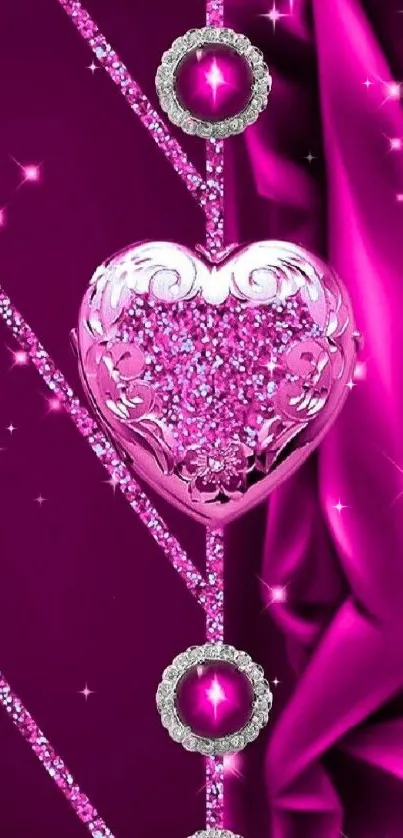 Glamorous pink heart with sparkling jewels on a rich pink background.