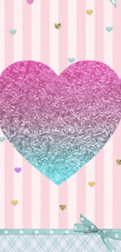 Pink glitter heart on a pastel striped background.