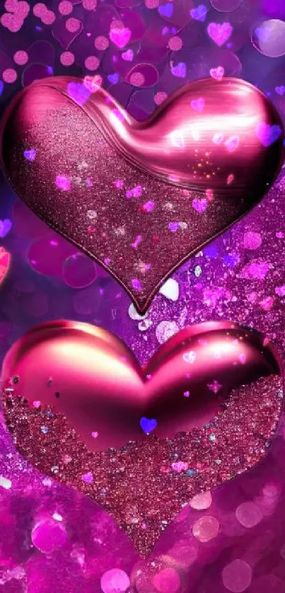 Shiny pink hearts on a glittery purple background wallpaper.