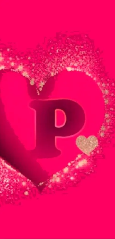 Vibrant pink glitter heart wallpaper with letter P inside for mobile screen.