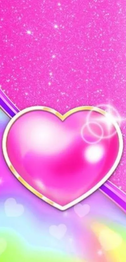 Pink heart mobile wallpaper with glitter and rainbow accents.