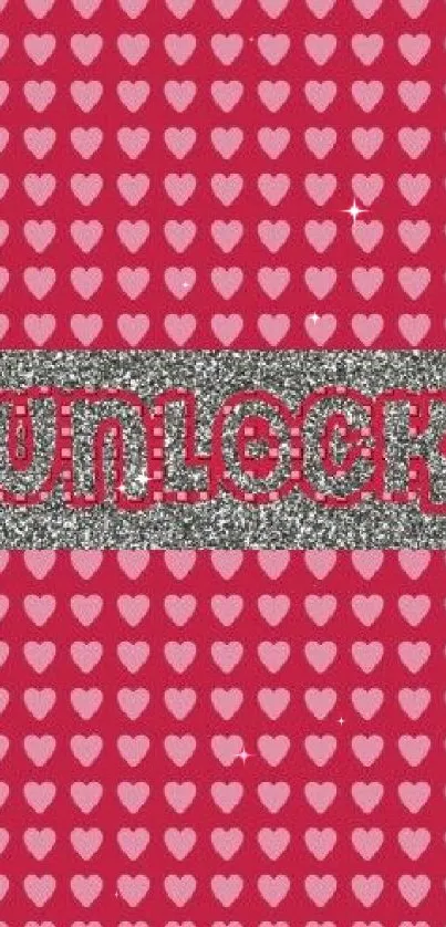 Pink heart wallpaper with glitter and unlock text.