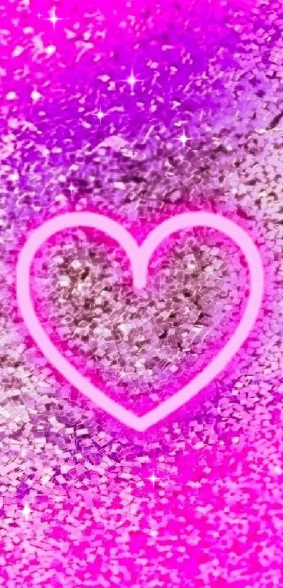 Pink glitter wallpaper with glowing heart design.