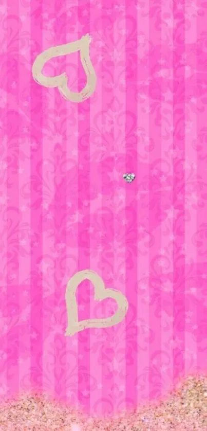 Hot pink wallpaper with gold hearts and glitter.