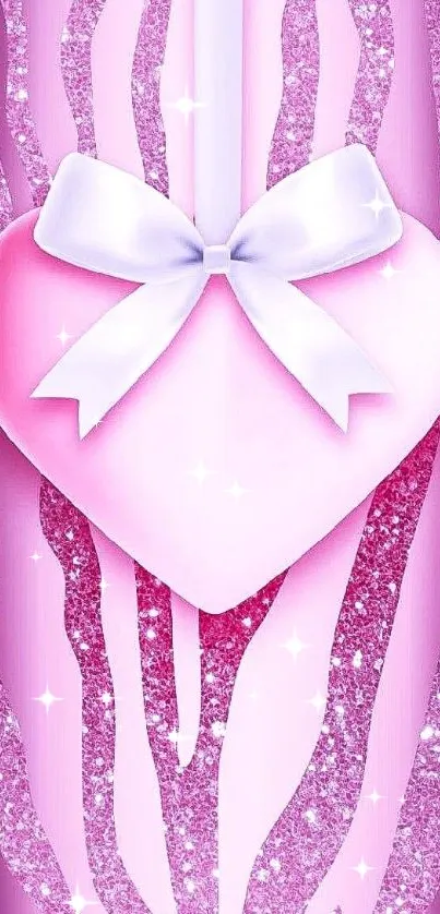 Sparkling pink heart with ribbon design wallpaper.