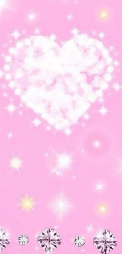 Pink heart wallpaper with glitter and crystals on a soft background.