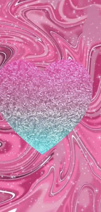 Pink and blue glitter heart on a swirled background.