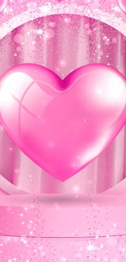 Vibrant pink heart on glittery background.