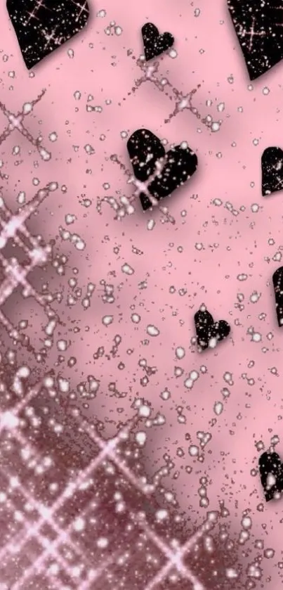 Pink wallpaper with sparkling black hearts and glitter accents.