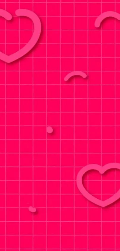 Bright pink grid wallpaper with floating heart shapes.