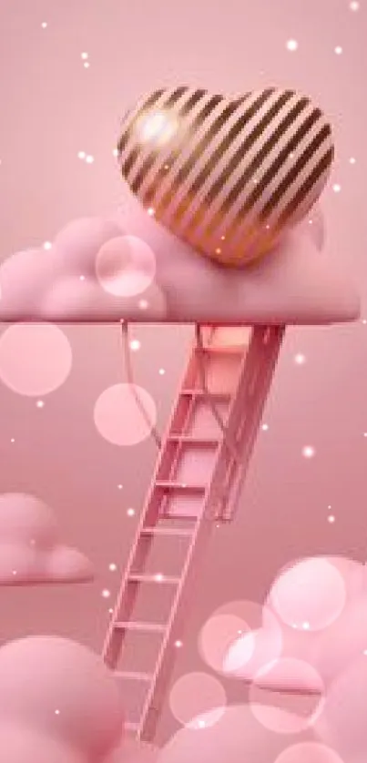 Pink clouds with ladder and metallic heart on mobile wallpaper.